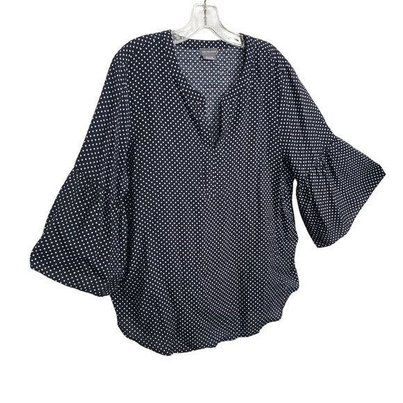 Van Heusen Tops - Van Heusen Womens XL Top Polka Dot Bell Sleeve Blouse Rayon Blend V Neck Blue
